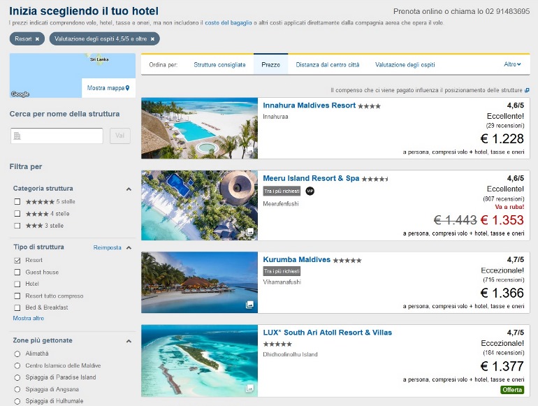 risultati ricerca pacchetti volo hotel Maldive