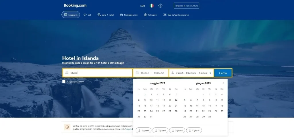 maschera di prenotazione Booking.com hotel in Islanda