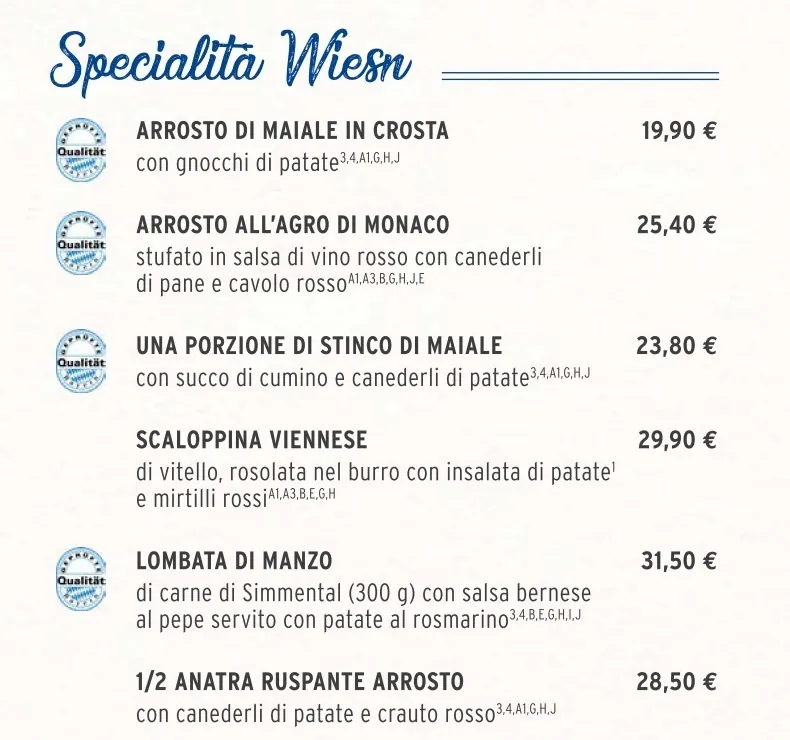 prezzi portate principali tendone Hofbrau alla Oktoberfest di Monaco