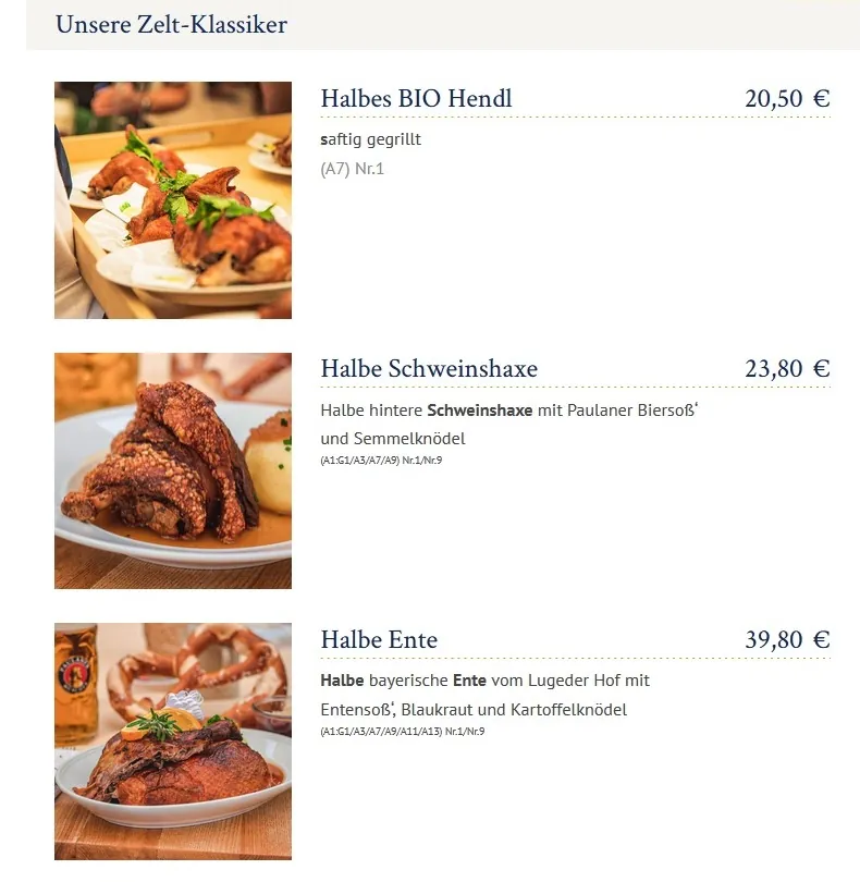 prezzi portate principali tendone Paulaner alla Oktoberfest di Monaco