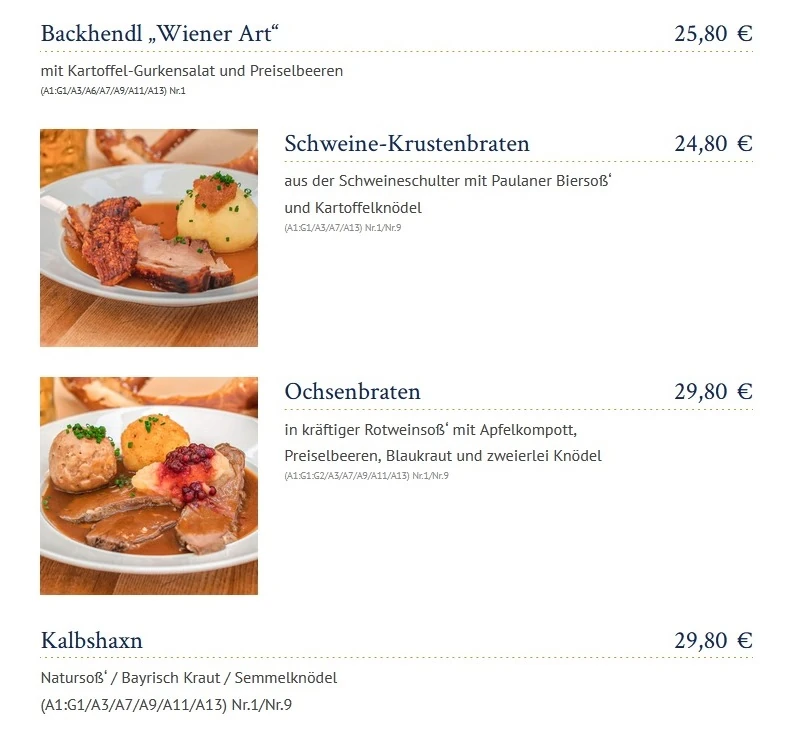menu prezzi cibo Oktoberfest 2024 tendone Paulaner Braten