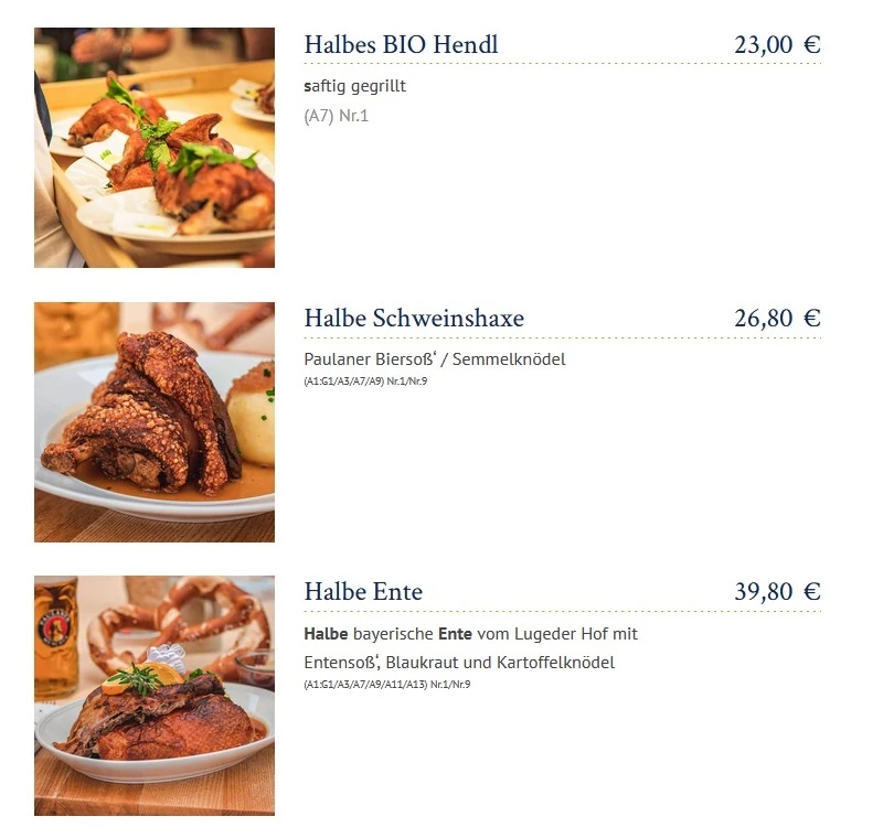 menu prezzi cibo Oktoberfest 2024 tendone Paulaner Hendl Haxe Ente