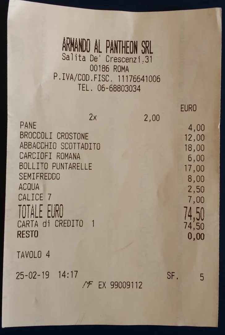 conto ristorante Armando al Pantheon Roma