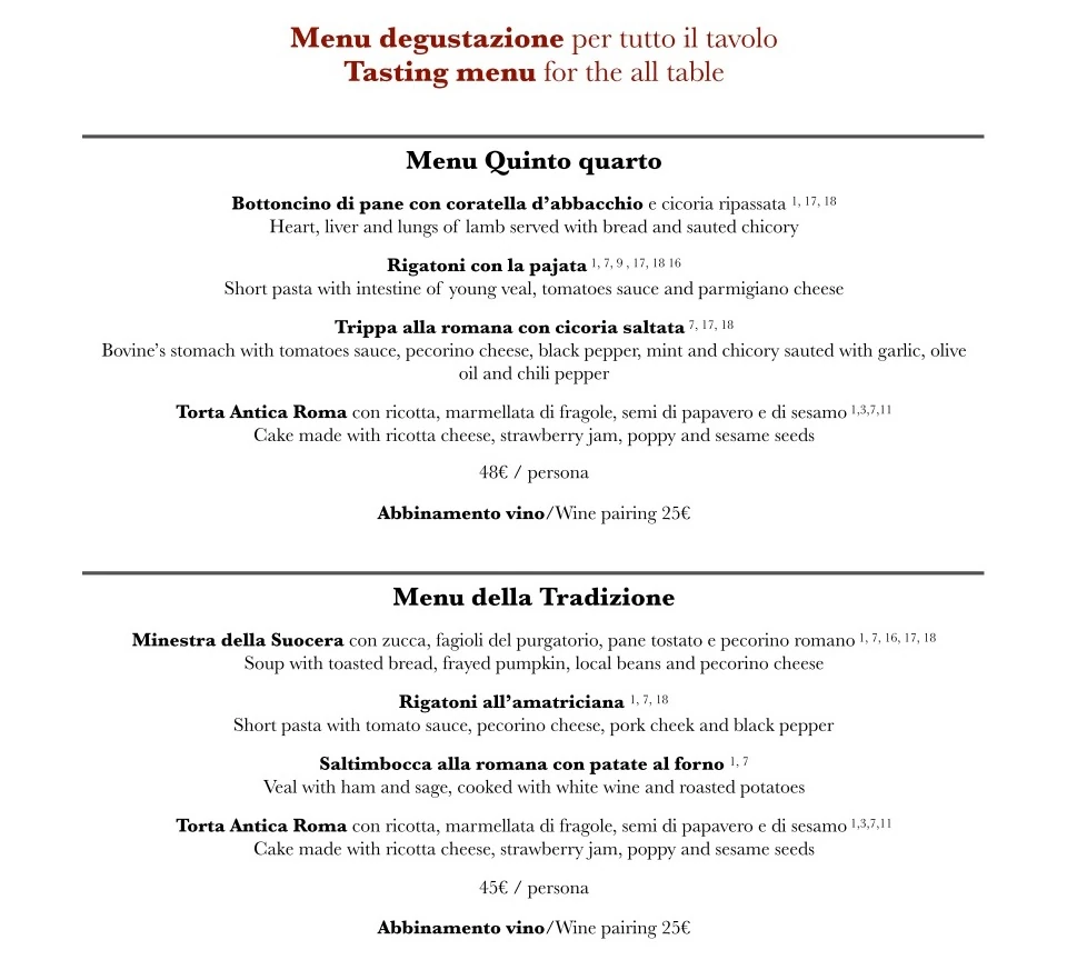 prezzi menu ristorante Armando al Pantheon a Roma