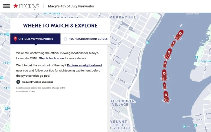 NYC mappa fuochi d'artificio Macy's 4 luglio