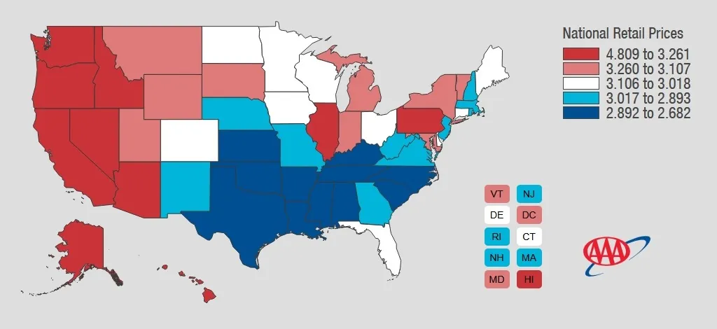mappa aaa prezzi benzina USA