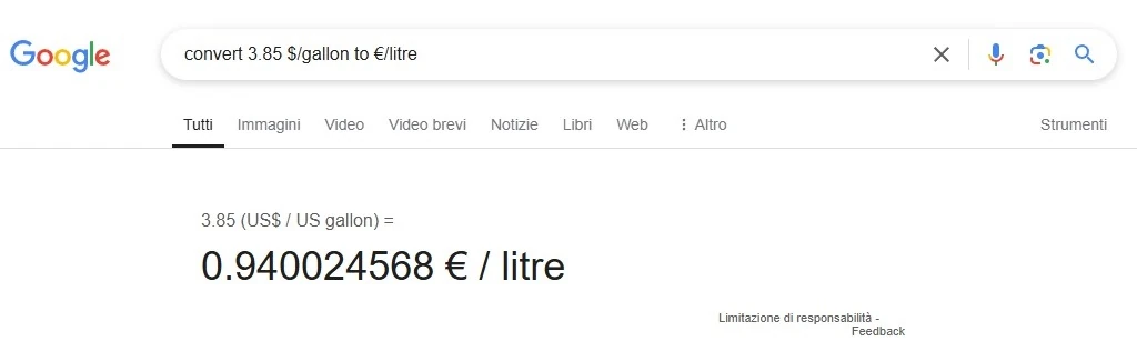 Google convert x.xx $/gallon to €/litre