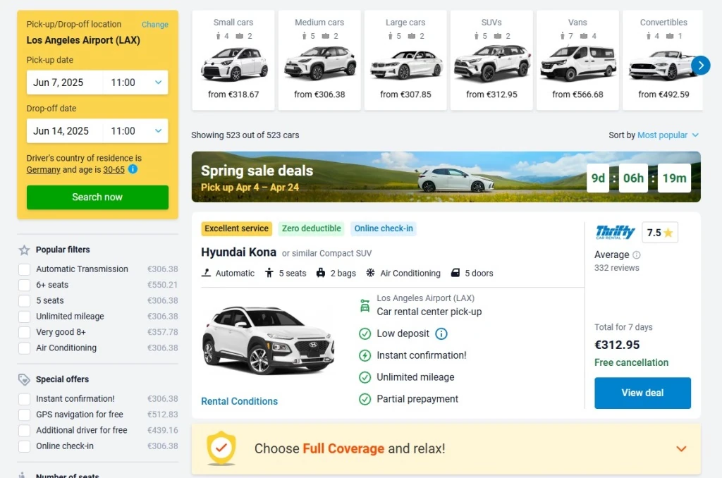 discovercars risultati ricerca auto a noleggio LAX