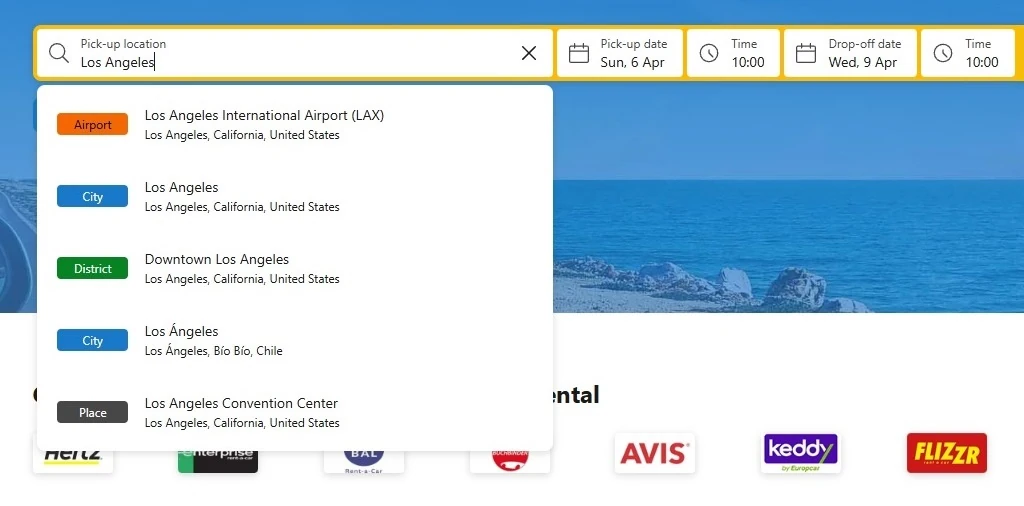 rentalcars.com pick-up locations LAX