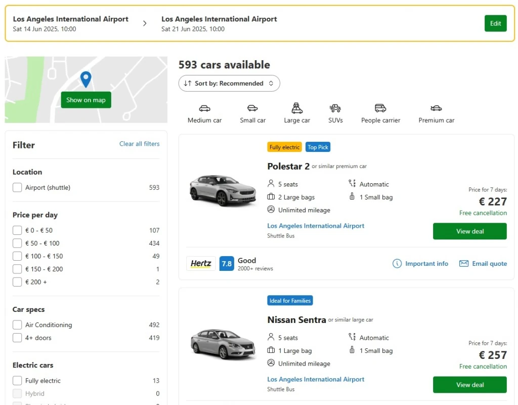 rentalcars.com search results