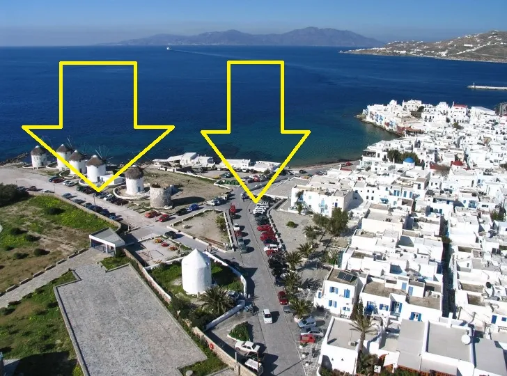 Mykonos parcheggio vicino mulini a vento