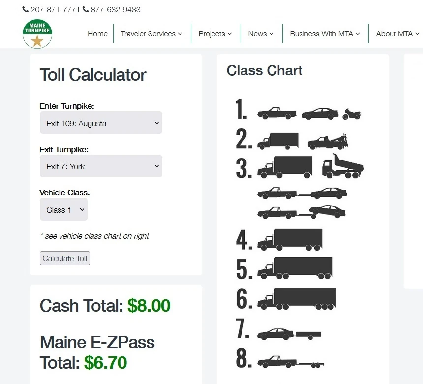 Maine Turnpike toll calculator class chart