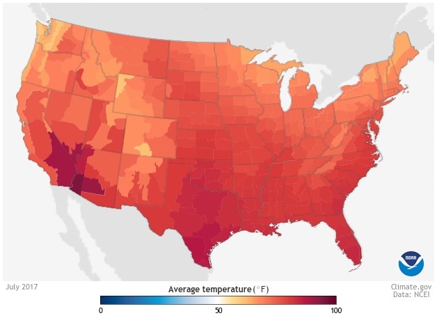 USA July temperature map