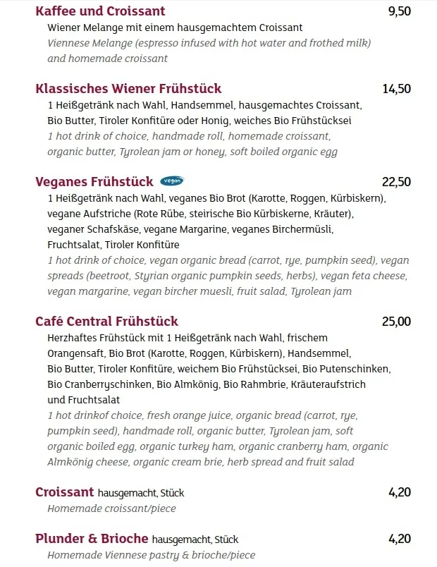 menu prezzi colazione Cafe Central Vienna