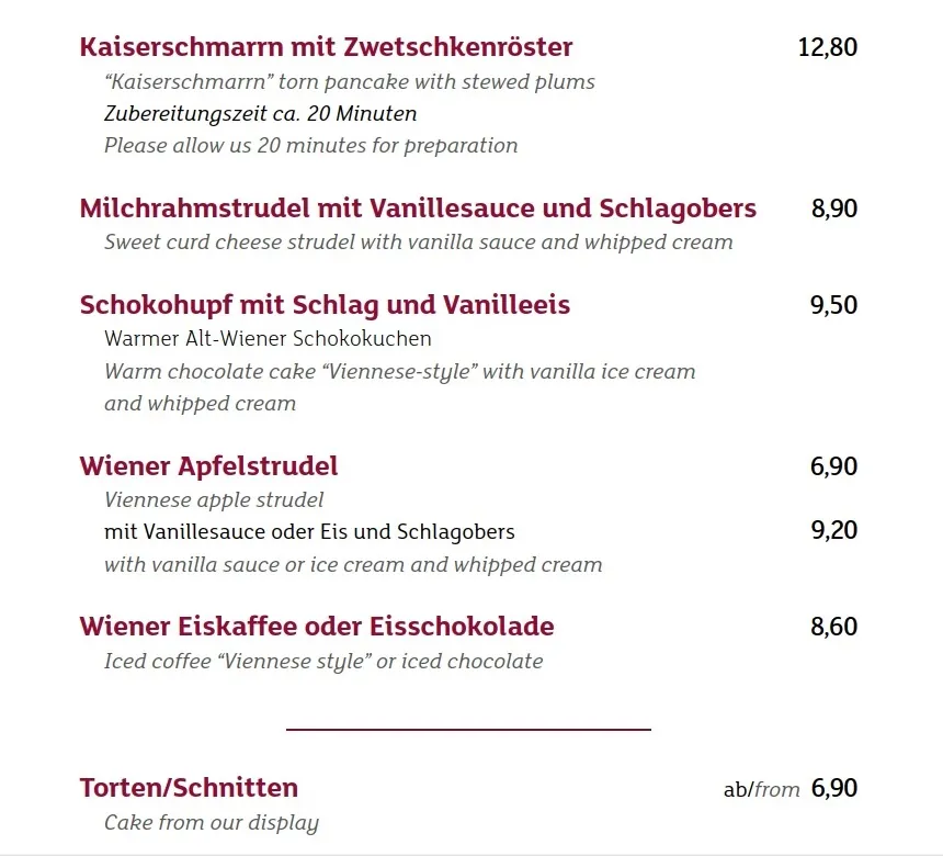 menu prezzi Cafe Central Vienna