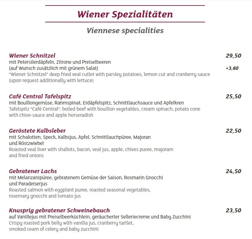 menu prezzi Cafe Central Vienna