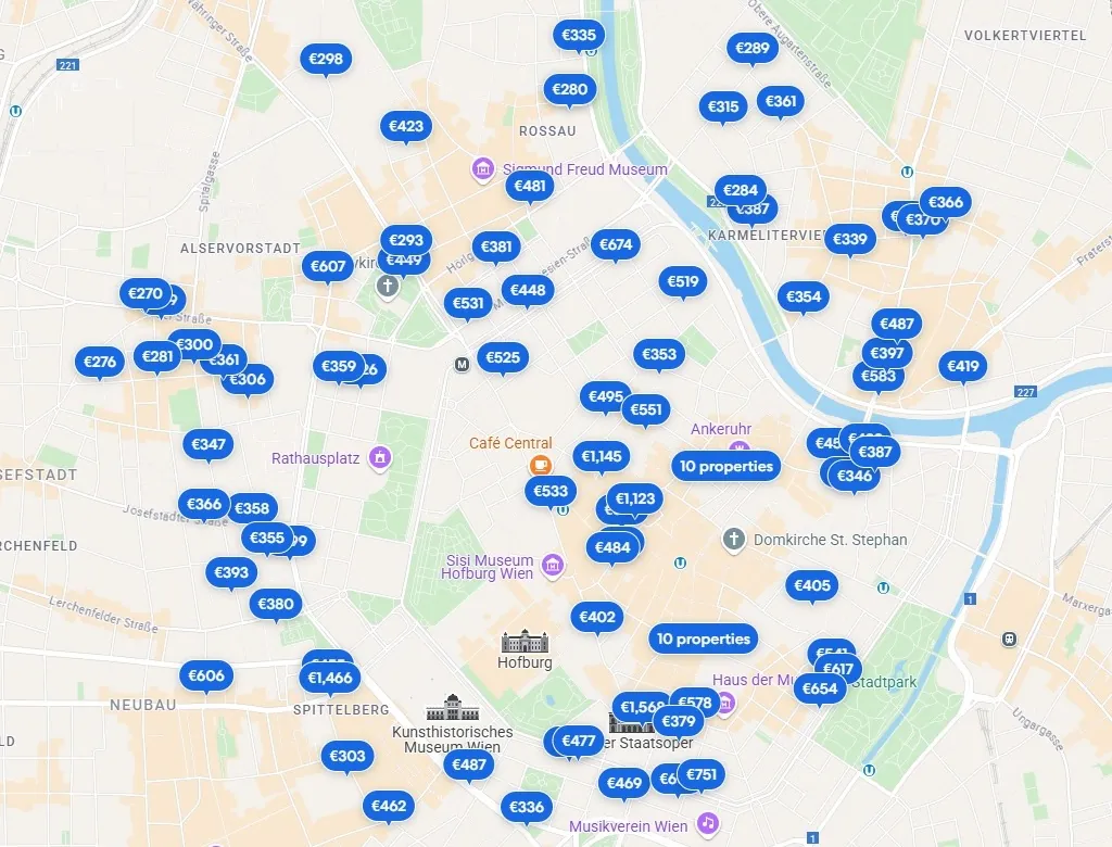 mappa prezzi pacchetti volo+hotel Vienna