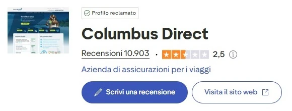punteggio assicurazione viaggi Columbus Direct su Trustpilot